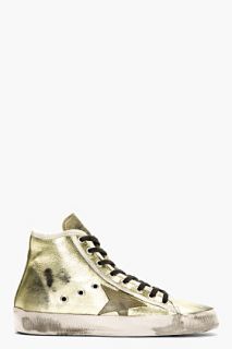 Golden Goose Gold And Green Leather Francy Sneakers