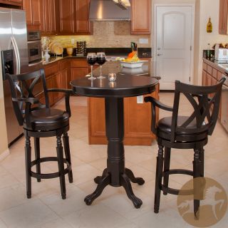 Eclipse Espresso Wood/ Leather Bar 3 piece Set (EspressoIncludes Two (2) bar stools, one (1) bar tableSwivel feature on the stoolsDarkly stained, flared legsSturdy constructionNeutral colors to match any decorBarstool dimensions 45.5 inches high x 21.5 