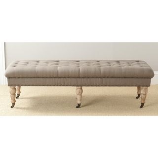 Safavieh Barney Olive Oak Bench (OliveMaterials Oak wood and linen poly fabricFinish Pickled oakSeat dimensions 63 inches wide x 20.9 inches deepSeat height 18.3 inchesDimensions 18.3 inches high x 63 inches wide x 20.9 inches deepWeight capacity 25