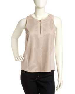 Perforated Leather Zip Front Tank, Sand
