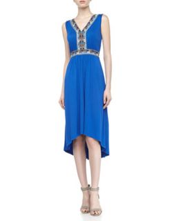 Sleeveless Beaded Stretch Knit Maxi Dress, Cobalt