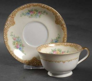Noritake N995 Footed Cup & Saucer Set, Fine China Dinnerware   Tan Floral Edge,