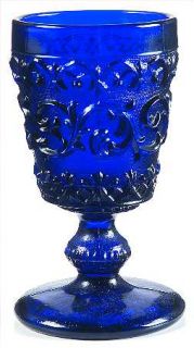 Unknown Crystal Unk3818 Water Goblet   Cobalt,Pressed Scrolls&Fleur D Lis,Knob