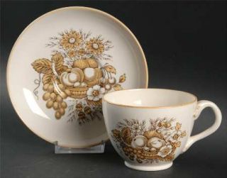 Spode Provincial Footed Cup & Saucer Set, Fine China Dinnerware   Tan&Brown Frui