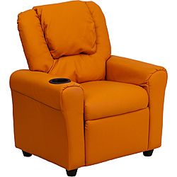 Contemporary Orange Vinyl Kids Recliner With Cup Holder And Headrest