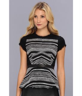 Rebecca Taylor Short Sleeve Stripe Tweed Peplum Top w/ Leather Womens Sweater (Black)