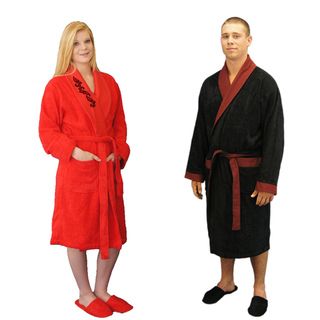 Brielle Home Turkish Cotton Blend 8 piece His and Hers Red/black Bath Robe Gift Set (Red, black Pattern Solid with applique stitch designBelt Double belt loop Pockets Two pocketsSleeves CuffedClick here to view our womens sizing guideClick here to vie