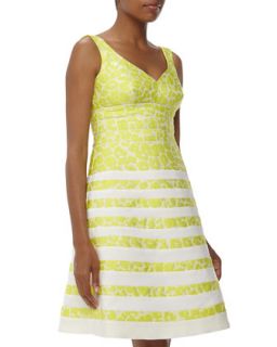 Two Tone Jacquard Striped Fit And Flare Dress, Lime/Ivory