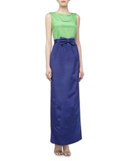 Sleeveless Colorblock Satin Gown, Sapphire/Kelly