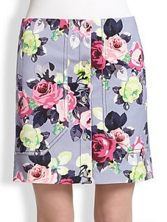 Carven Button Front Floral Print Stretch Denim Skirt   Color