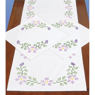 Stamped Dresser Scarf and Doilies Perle Edge 3/pkg starflowers (White,purple, greenModel 448 139Materials 50 percent cotton/50 percent polyesterDimensions 15 inches high x 42 inches wide  )