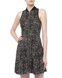 Sleeveless Graphic Print Zip Dress, Black/Ivory