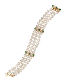 3 Row Akoya Pearl Diamond/Emerald Station Bracelet