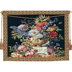 Floral Vase On Pedestal European Classic Tapestry Wall Hanging (Black, multi Pattern FloralLined Lined with heavy weight poly/cotton with rod pocketDimensions 38 inches high x 48 inches wide  )