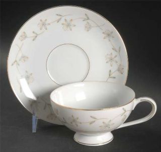 Mikasa Jean Footed Cup & Saucer Set, Fine China Dinnerware   Tan & Blue Floral R