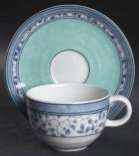 Mikasa Susanne Flat Cup & Saucer Set, Fine China Dinnerware   Blue Leaves On Rim