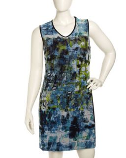 Sleeveless Print Front Dress, Blue, Womens