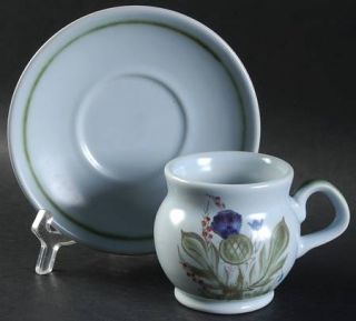 Buchan Thistleware Flat Cup & Saucer Set, Fine China Dinnerware   Green Ring W/T