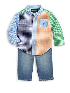 Ralph Lauren Infants Two Piece Gingham Shirt & Jeans Set   Blue 