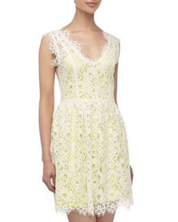 Fringe Lace Contrast Underlay Dress, Ivory/Lime