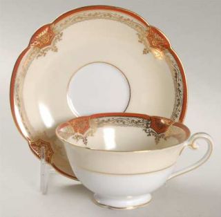 Noritake Roseolyn Footed Cup & Saucer Set, Fine China Dinnerware   Rust Border W