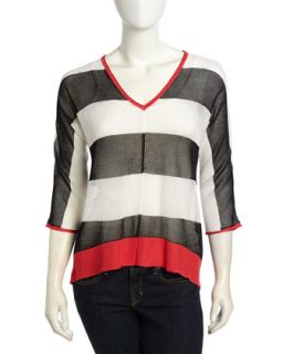 Three Quarter Sleeve Chain Knit Striped Pullover, Black/White/Red