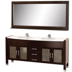 Wyndham Collection Daytona Espresso 71 inch Solid Oak Double Bathroom Vanity (Espresso, top man made stoneNumber of drawers 3Number of doors 4Faucet not includedCabinet dimensions 33 1/2 inches high x 70 3/4 inches wide x 22 inches deepMirror dimension