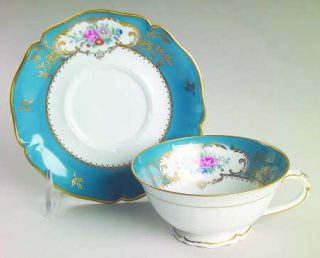 Towle Duplessis Footed Cup & Saucer Set, Fine China Dinnerware   Aqua Band, Bird