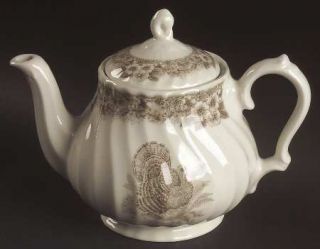 Queens China Thanksgiving Brown Teapot & Lid, Fine China Dinnerware   Brown Lea