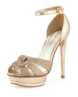 Ava Jeweled Metallic Leather and Suede Peep Toe Sandal, Platinum Gold