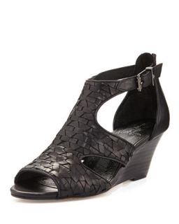 Lia T Strap Woven Leather Wedge, Black
