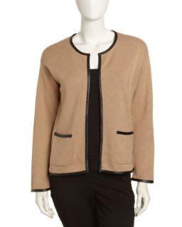 Quilted Faux Leather Trim Cardigan, Camel