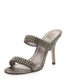 Kassie Jeweled Metallic Leather Slide Sandal, Pewter