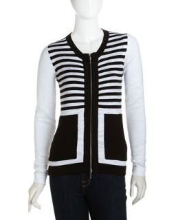Striped Zip Front Cardigan, Black/White