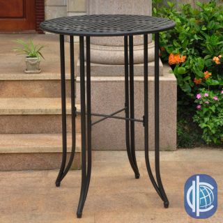 International Caravan Iron Indoor/ Outdoor Bar height Table (Antique BlackMaterials Powdercoated steelFinish Black Weather resistant UV protection Weight 27 poundsDimensions 40 inches high x 30 inches wide x 30 inches deepAssembly required )