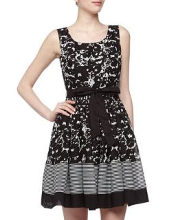 Floral & Striped Voile Fit And Flare Dress, White/Black