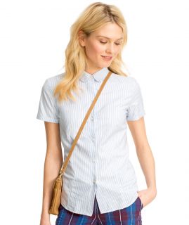 Stretch Washed Oxford Cloth Shirt, Short Sleeve Stripe
