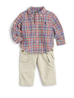 Ralph Lauren Infants Two Piece Striped Poplin Shirt & Cargo Pants Set   Red Pla