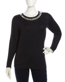 Embellished Neck Sweater, Charcoal, Womens