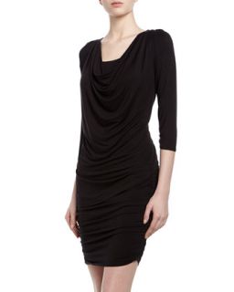Three Quarter Sleeve Ruched Jersey Dress, Black