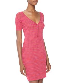 V Neck Ridge Knit Sheath Dress, Pink