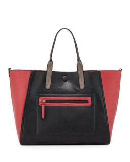 Zip Front Colorblock Reversible Tote Bag, Black/Red/Gray