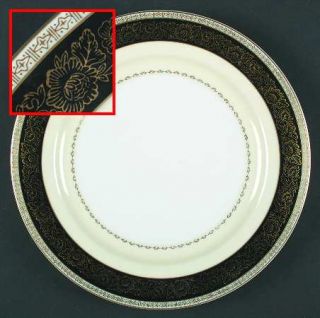 Fukagawa Fuk14 Dinner Plate, Fine China Dinnerware   Black Band W/Gold Flowers,