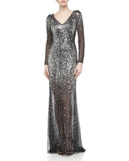 Three Quarter Sequin Encrusted Mesh Gown, Black/Silver