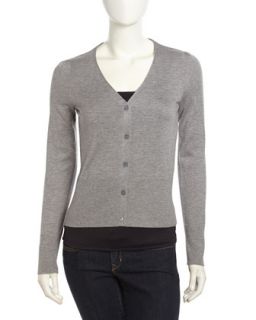 V Neck Button Front Cardigan, Heather Gray